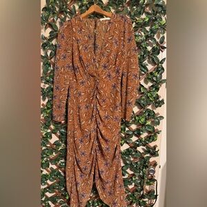 Bacio Deep Orange V-Neck Dress with Ruching and a Leaves Print